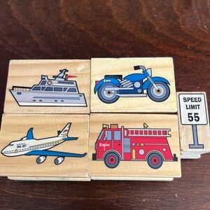 Melissa & Doug 5 piece Wooden Rubber Ink Stamp Plane Motorcycle Fire Engine Boat